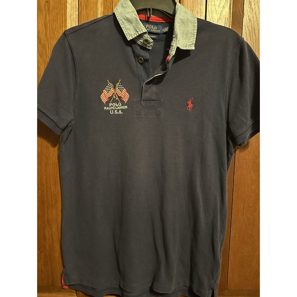 Polo Ralph‎ Lauren Shirt Boys XL Blue Chambray Collar USA Flags Pony